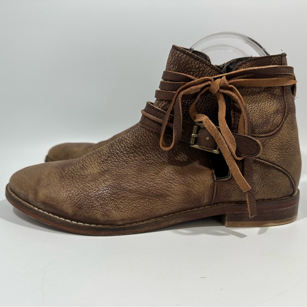 Free People Brown Leather Distressed Ankle Wrap Tie Boots Booties 37 Boho